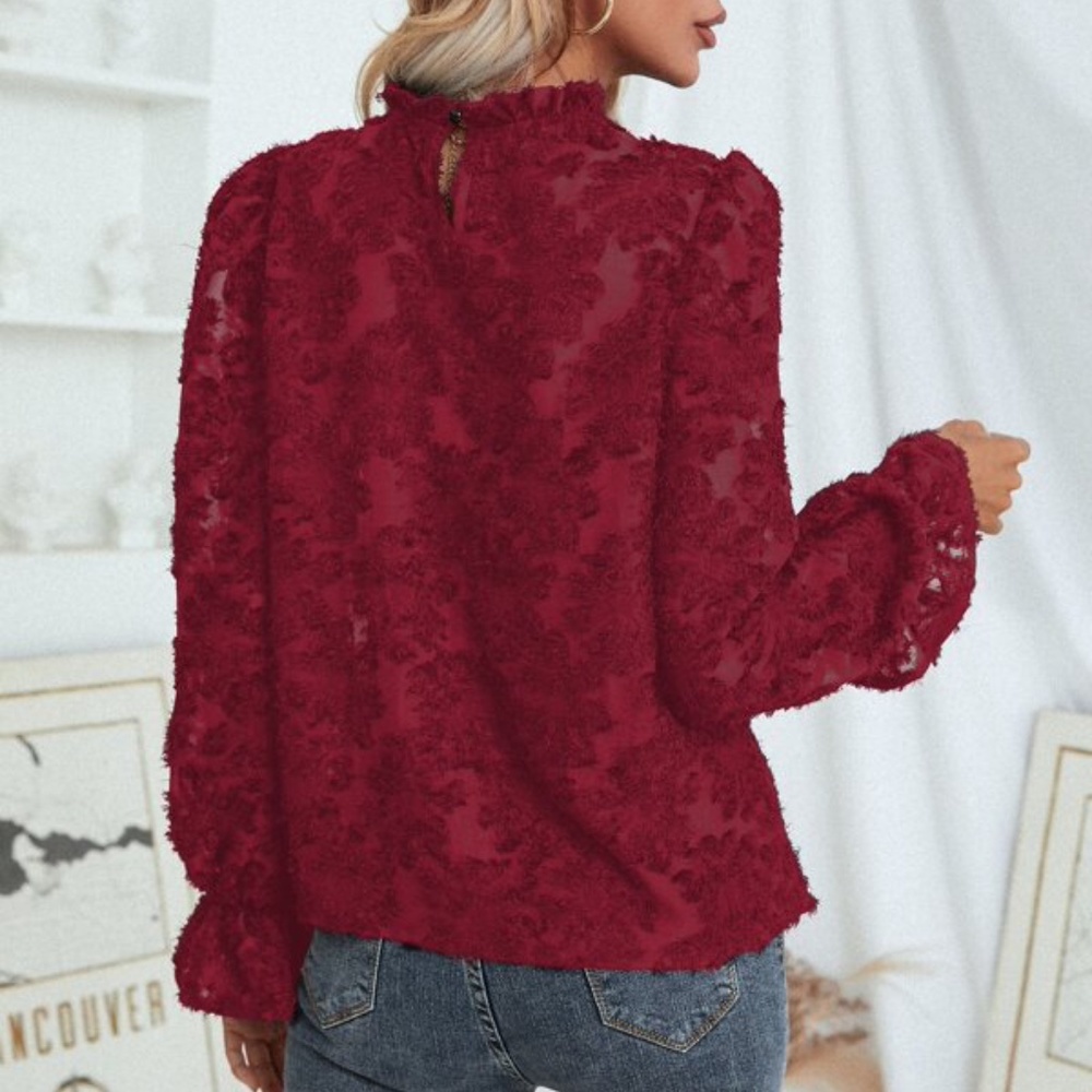 Red Floral Ruffle Sleeve Blouse Top Work Shabby Chic - Picture 4 of 10